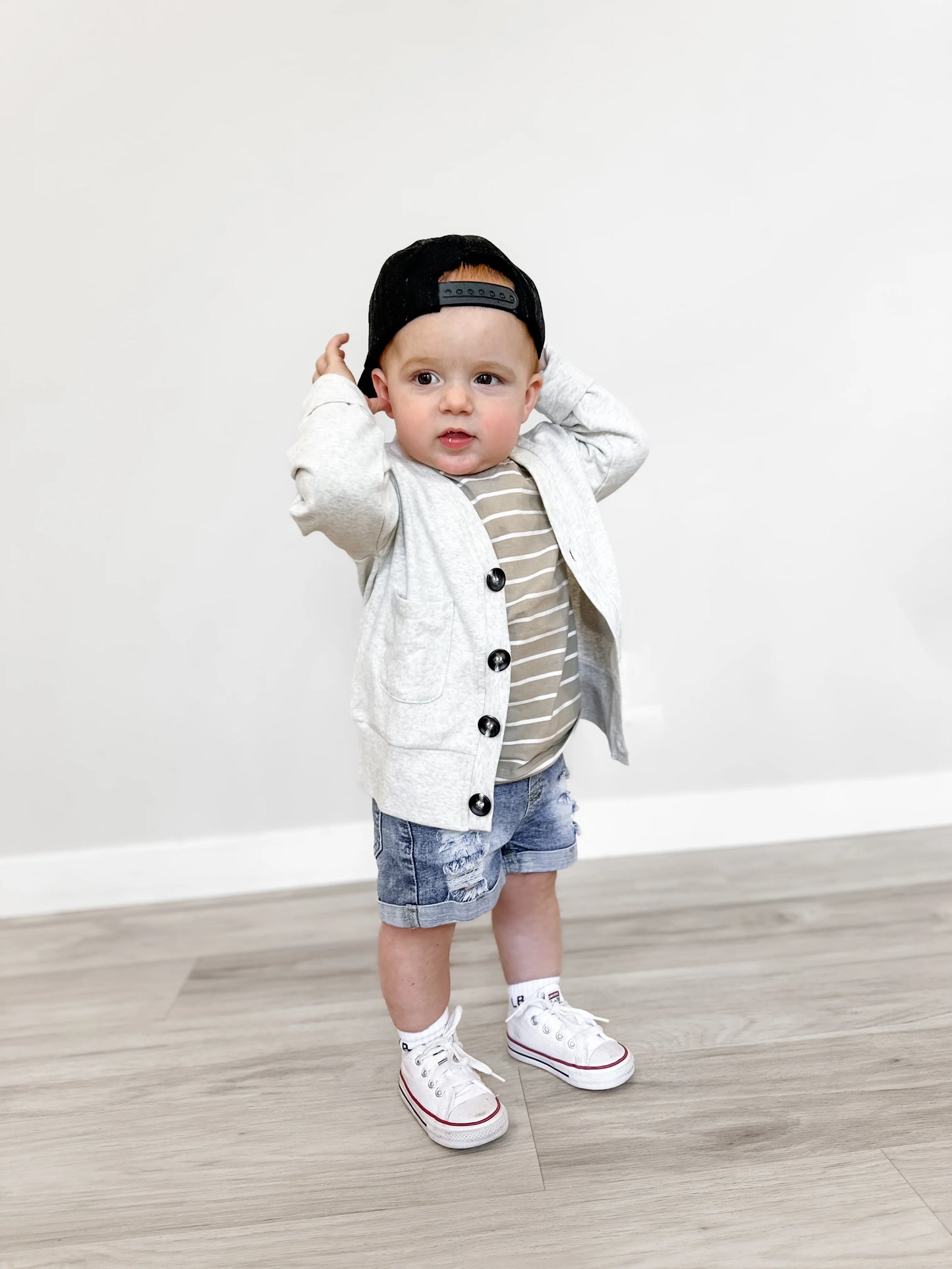 Little Bipsy / Pinstripe Tee Khaki Green and White