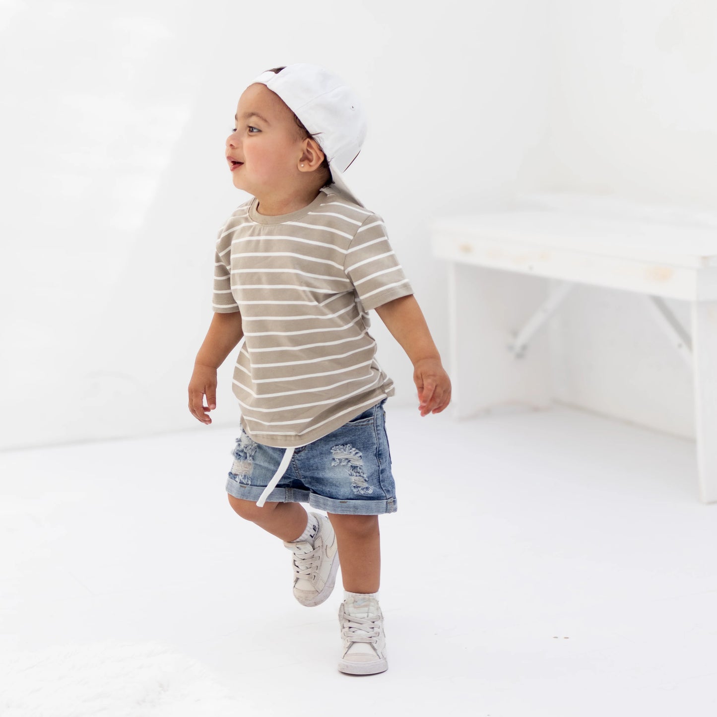 Little Bipsy / Pinstripe Tee Khaki Green and White