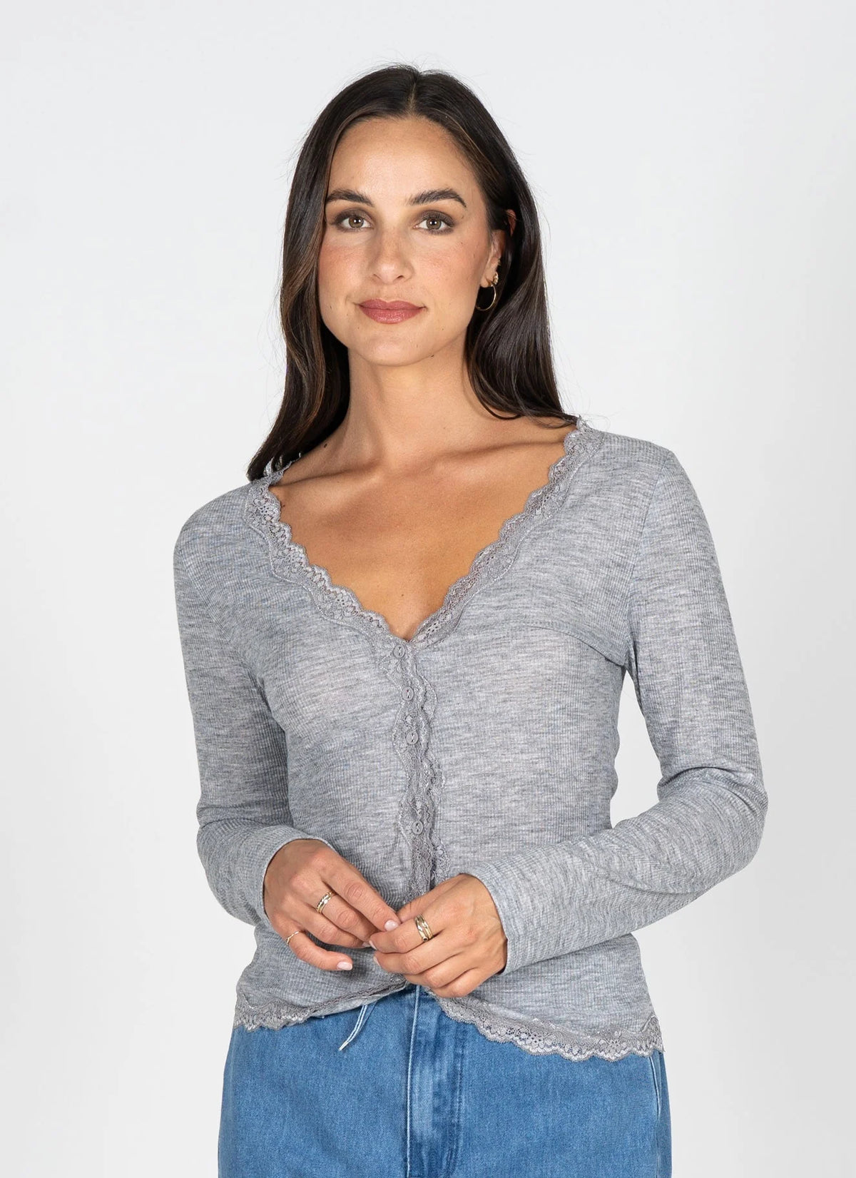 C’est Moi / Lace Trim Button Up (Grey)