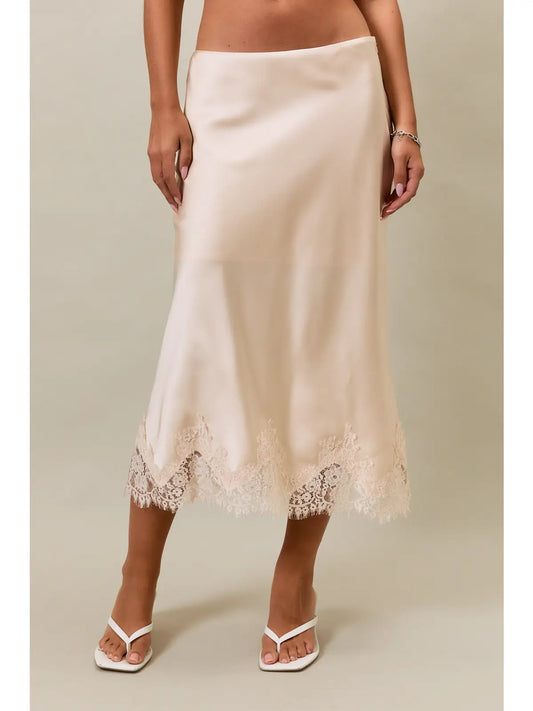WC / Lace Trim Satin Midi Skirt